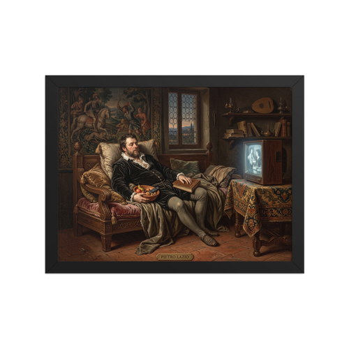 Fine art print 'The Renaissance Couch Potato' in a Renaissance style. An oil painting of a Renaissance gentleman reclining on a daybed with a bowl of fruit and remote control watching a vintage television, perfect for a living room or man cave.
