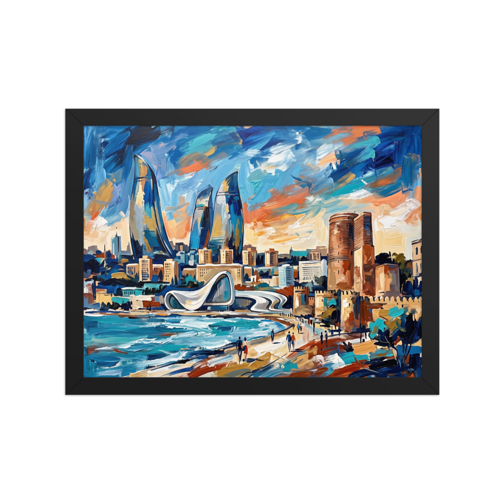 Vibrant expressionist painting of futuristic flame towers and historic stone fortress by the sea, ideal for a living room wall. A Expressionism art print titled 'City of Flames'.