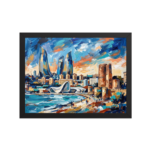 Vibrant expressionist painting of futuristic flame towers and historic stone fortress by the sea, ideal for a living room wall. A Expressionism art print titled 'City of Flames'.