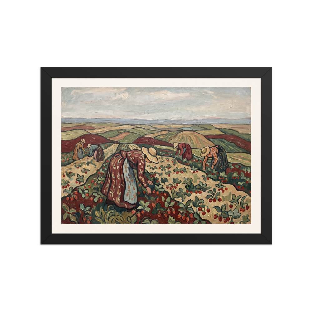 'Strawberry Harvest in Rolling Hills', a Les Nabis wall art print. Women harvesting red strawberries in rolling green hills, perfect for a cozy Living Room setting.