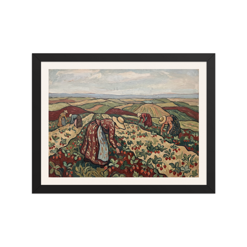 'Strawberry Harvest in Rolling Hills', a Les Nabis wall art print. Women harvesting red strawberries in rolling green hills, perfect for a cozy Living Room setting.