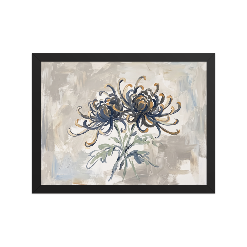An impressionist painting of two blooming chrysanthemums with swirling dark blue and gold petals against a textured grey background, perfect for a calming bedroom. A Impressionism print in dark blue and gold, 'Midnight Chrysanthemums'.
