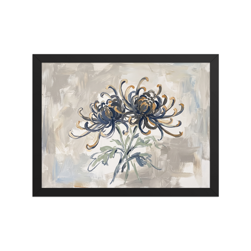 An impressionist painting of two blooming chrysanthemums with swirling dark blue and gold petals against a textured grey background, perfect for a calming bedroom. A Impressionism print in dark blue and gold, 'Midnight Chrysanthemums'.