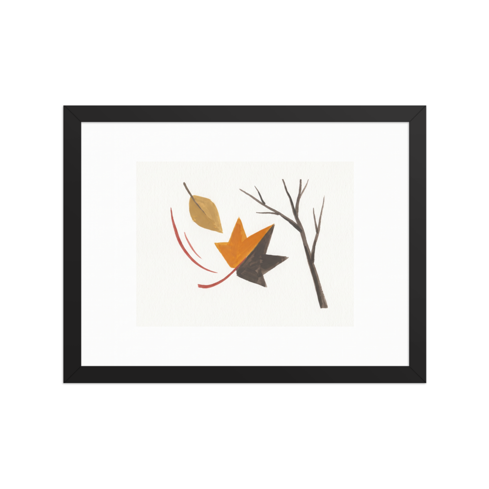 Fine art print 'The Final Leaf' in a Minimalism style. A minimalist watercolor painting of an orange leaf falling from a bare branch against a white background, perfect for a calming Bedroom or Office.