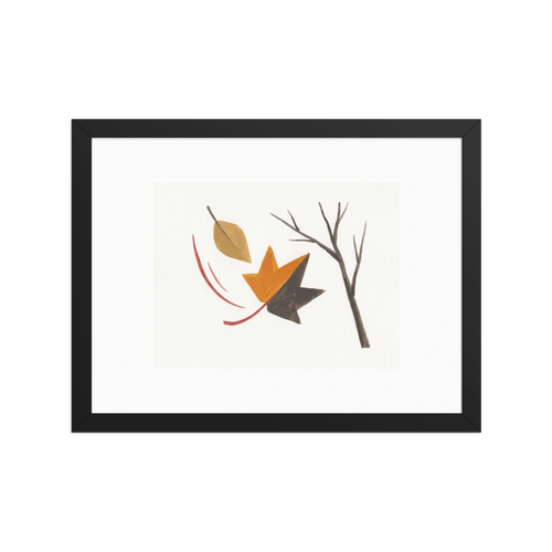 Fine art print 'The Final Leaf' in a Minimalism style. A minimalist watercolor painting of an orange leaf falling from a bare branch against a white background, perfect for a calming Bedroom or Office.