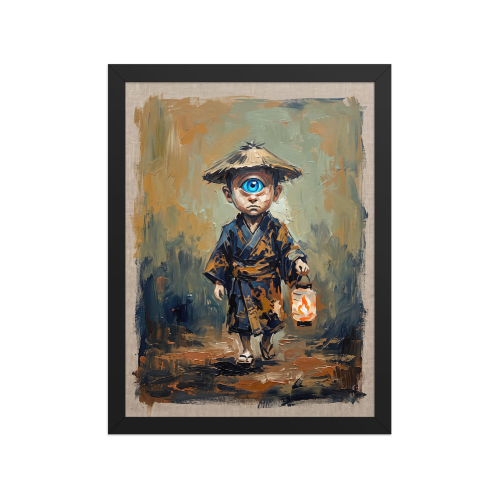 A wonder / awe scene in dark golden rod and midnight blue, 'The Lantern Bearer'. An oil painting of a one-eyed Japanese child spirit with a lantern in an entryway wall art setting.