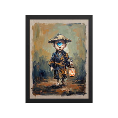 A wonder / awe scene in dark golden rod and midnight blue, 'The Lantern Bearer'. An oil painting of a one-eyed Japanese child spirit with a lantern in an entryway wall art setting.