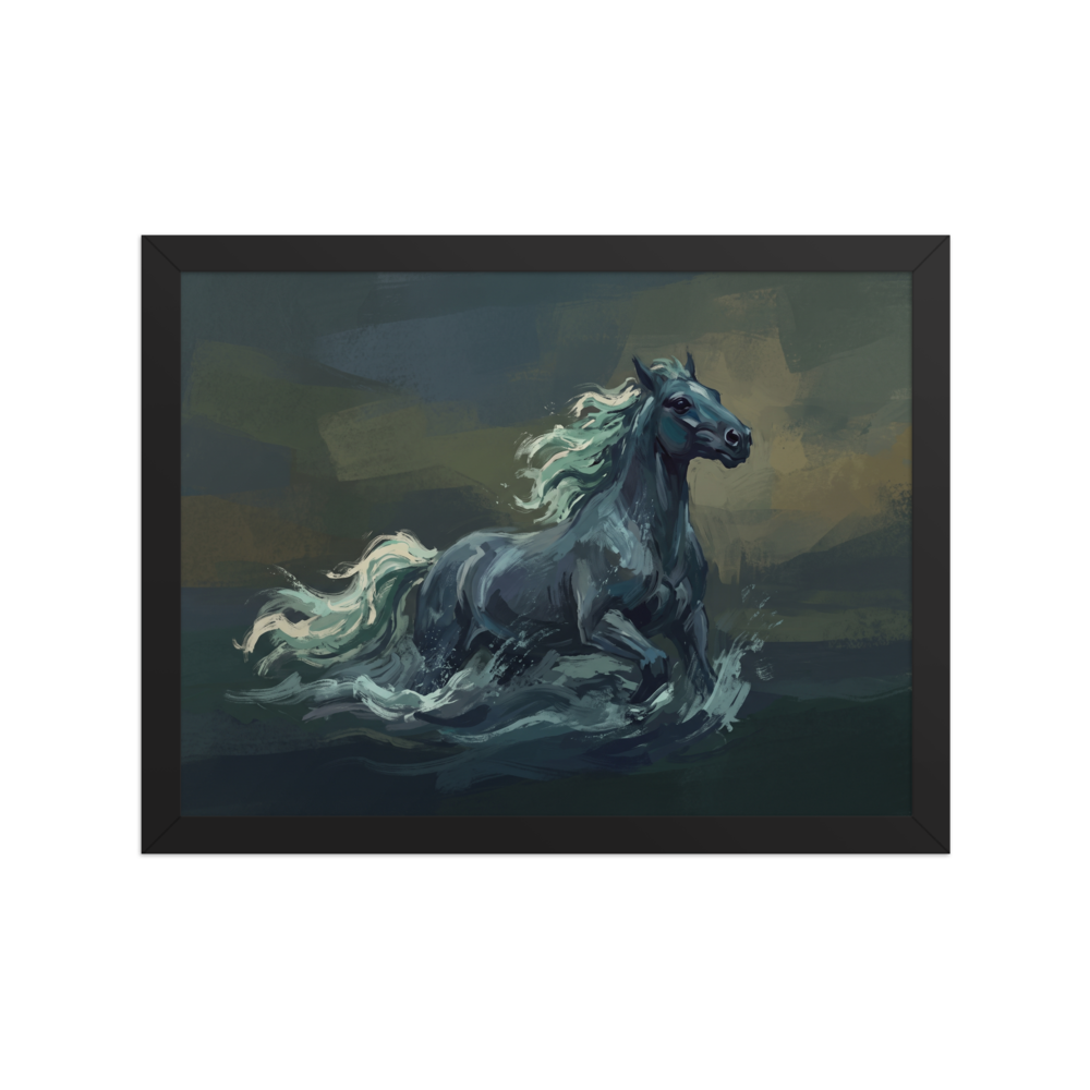 A moody painting of a dark kelpie water horse galloping through sea foam in a bedroom. A Symbolism print in dark slate gray and teal, 'Kelpie of the Dark Loch'.