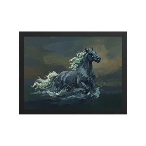 A moody painting of a dark kelpie water horse galloping through sea foam in a bedroom. A Symbolism print in dark slate gray and teal, 'Kelpie of the Dark Loch'.