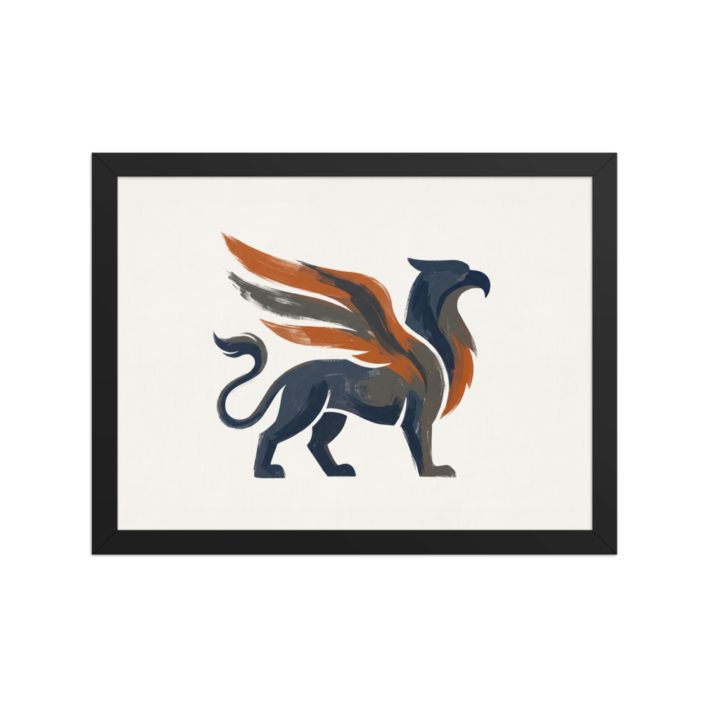 The Modernism print 'Guardian Griffin'. Minimalist modern painting of a majestic griffin with navy blue body and rust orange wings, ideal wall art for an office.
