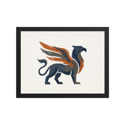 The Modernism print 'Guardian Griffin'. Minimalist modern painting of a majestic griffin with navy blue body and rust orange wings, ideal wall art for an office.
