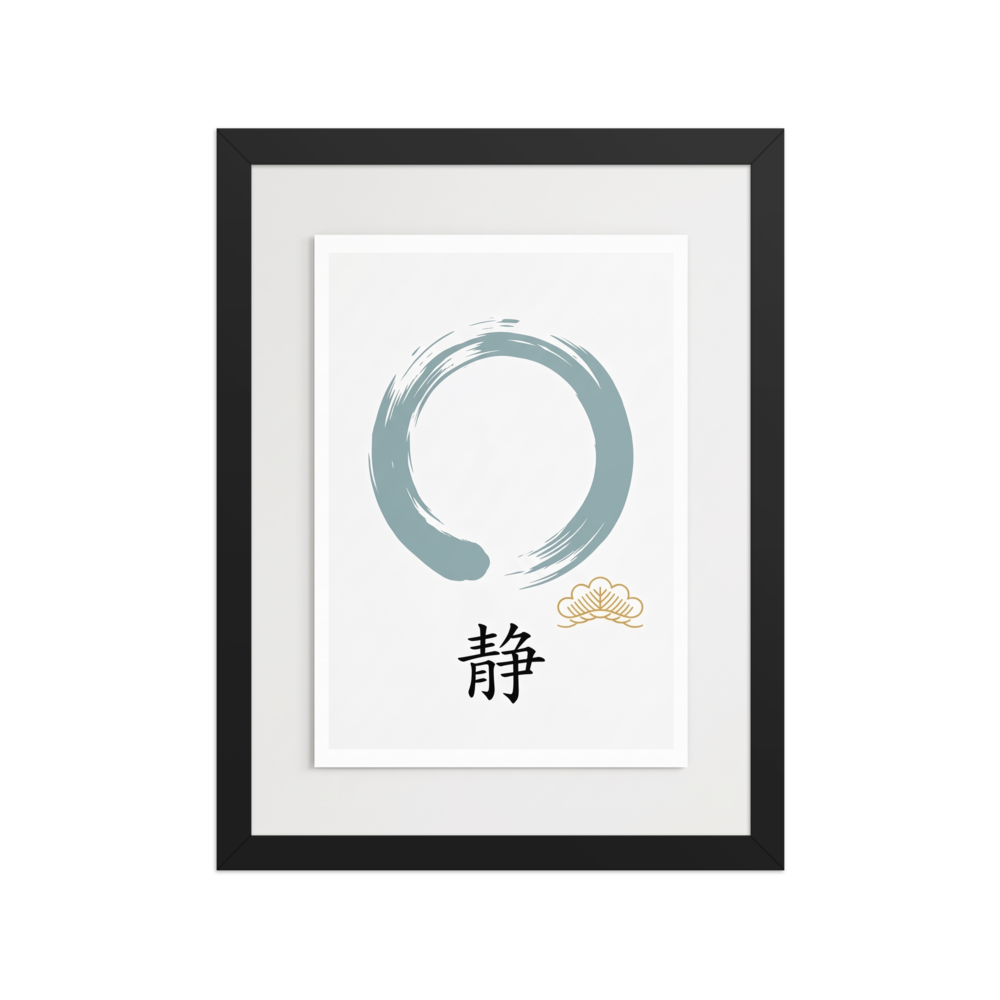 Shin hanga wall art exploring spirituality, 'Circle of Stillness'. A minimalist Zen Enso circle in slate blue accompanied by Japanese calligraphy and a golden crest on white, ideal for serene bedroom wall art.