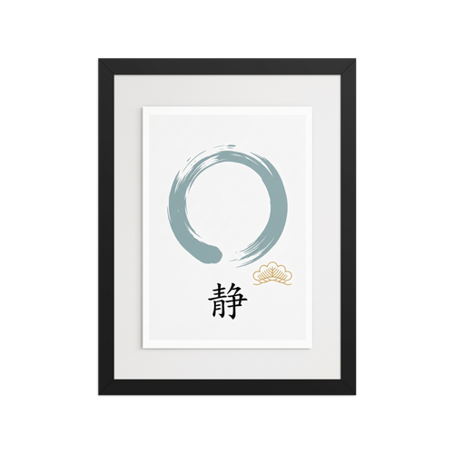 Shin hanga wall art exploring spirituality, 'Circle of Stillness'. A minimalist Zen Enso circle in slate blue accompanied by Japanese calligraphy and a golden crest on white, ideal for serene bedroom wall art.