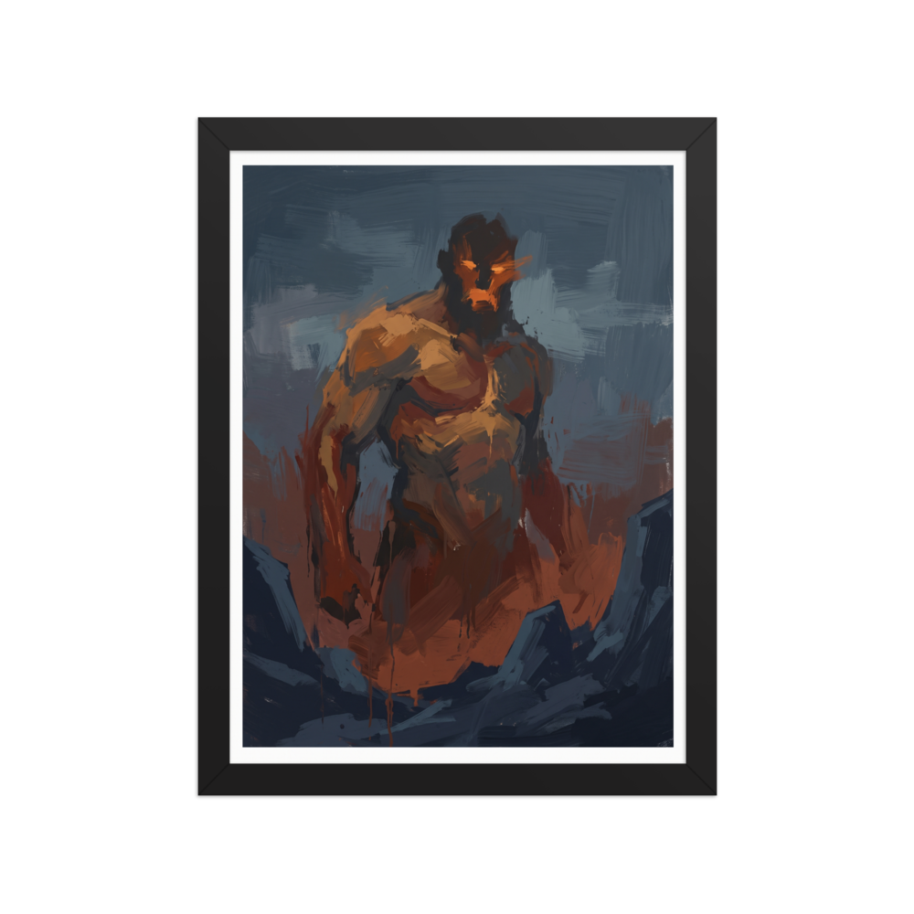 An expressionist painting of a massive, muscular giant with glowing orange eyes emerging from a dark blue rocky landscape, perfect for a striking man cave or den. A Expressionism print with a oil painting look, titled 'The Fire Giant'.