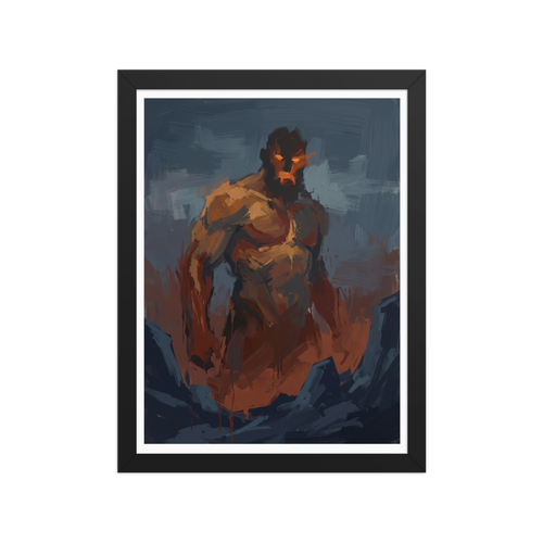 An expressionist painting of a massive, muscular giant with glowing orange eyes emerging from a dark blue rocky landscape, perfect for a striking man cave or den. A Expressionism print with a oil painting look, titled 'The Fire Giant'.