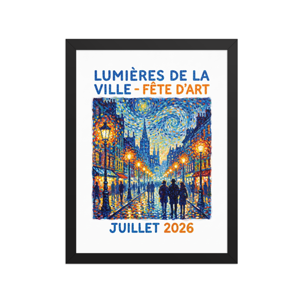 A Pointillist exhibition poster featuring glowing city streetlamps under a starry swirl sky in a Living Room. A Pointillism print in blue and orange, 'City Lights Art Festival Poster'.