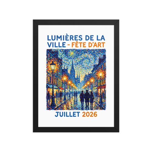 A Pointillist exhibition poster featuring glowing city streetlamps under a starry swirl sky in a Living Room. A Pointillism print in blue and orange, 'City Lights Art Festival Poster'.