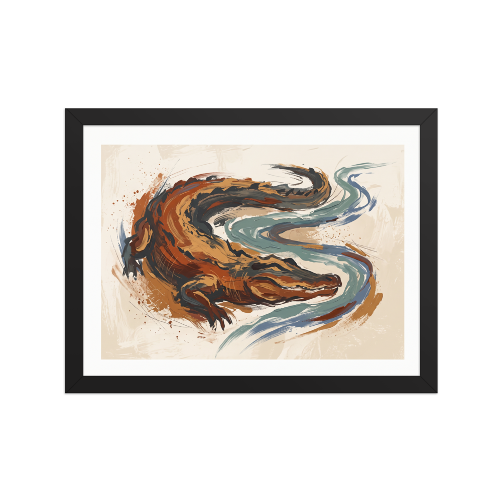 Wall art print 'The Primal Current' in a Expressionism style. An expressive painting of an alligator in earthy browns and oranges, surrounded by a winding blue river, perfect for an eclectic Living Room.