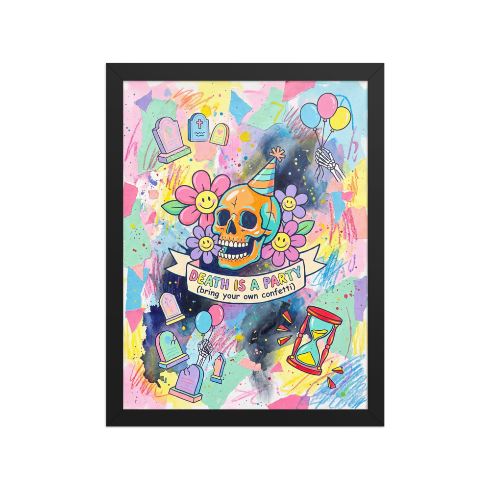 Transgressive art wall art for the game room, 'Death is a Party'. A colorful pastel painting featuring a grinning skull in a party hat surrounded by flowers and the text Death is a Party, making a bold conversation piece for a game room or living room.