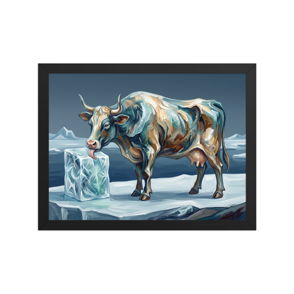 'Primeval Audhumla', a Expressionism wall art print. An impasto painting of the mythical Norse cow Audhumla licking a block of ice in a living room, rendered in slate blue and icy teal hues.