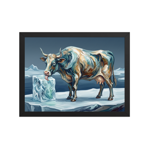 'Primeval Audhumla', a Expressionism wall art print. An impasto painting of the mythical Norse cow Audhumla licking a block of ice in a living room, rendered in slate blue and icy teal hues.