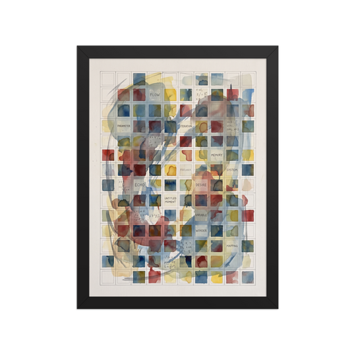 Lyco art wall art, 'Untitled Moment'. A delicate grid of watercolor squares washed in blue, red, and yellow, inscribed with philosophical words and equations, creating a contemplative art piece for an office or living room.
