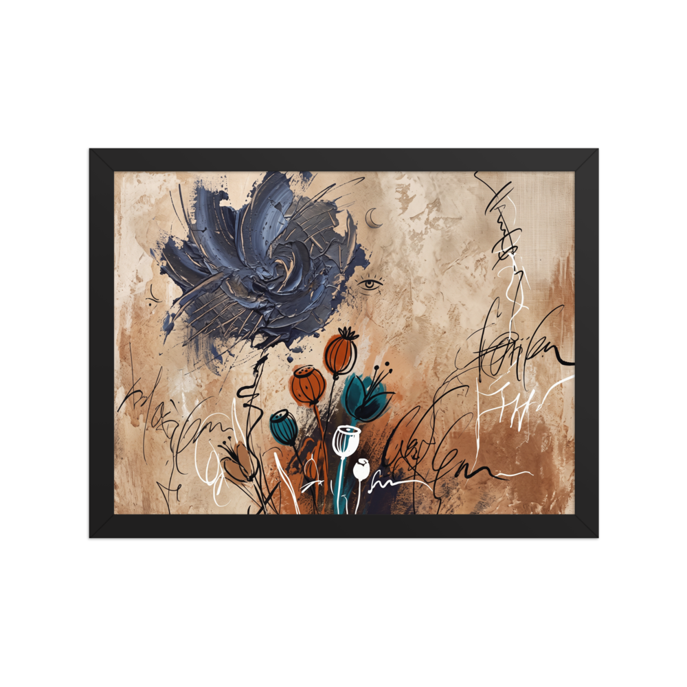 A dramatic navy impasto blossom and terracotta seed pods float among calligraphic lines on a textured tan background, creating an intriguing focal point for a living room. Available as the Dau-al-Set art print 'Nocturnal Blossom'.