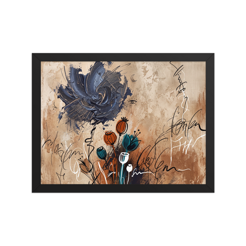A dramatic navy impasto blossom and terracotta seed pods float among calligraphic lines on a textured tan background, creating an intriguing focal point for a living room. Available as the Dau-al-Set art print 'Nocturnal Blossom'.