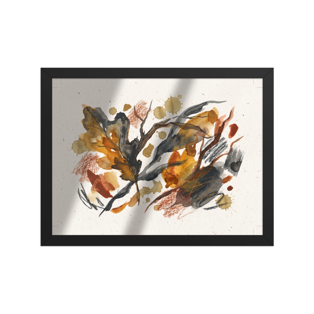An abstract botanical watercolor painting featuring layered autumn leaves, branches, golden ochre splatters, and textured charcoal scribbles on a warm beige background, perfect for a living room. A calmness piece titled 'Autumnal Reverie'.