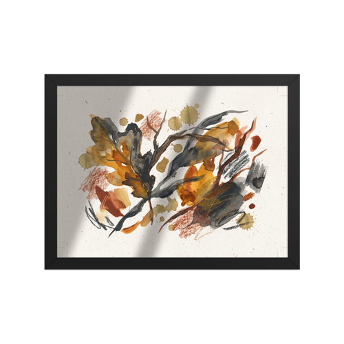 An abstract botanical watercolor painting featuring layered autumn leaves, branches, golden ochre splatters, and textured charcoal scribbles on a warm beige background, perfect for a living room. A calmness piece titled 'Autumnal Reverie'.
