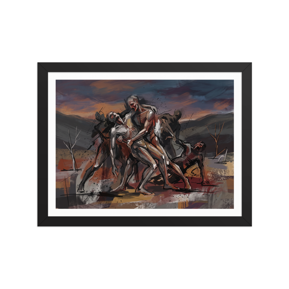 A brooding scene in dark slate gray and chocolate, 'The Fallen Hero'. Expressionist painting of muscular mythic warriors carrying a fallen comrade across a twilight landscape, ideal for a living room wall.