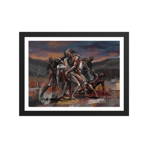 A brooding scene in dark slate gray and chocolate, 'The Fallen Hero'. Expressionist painting of muscular mythic warriors carrying a fallen comrade across a twilight landscape, ideal for a living room wall.
