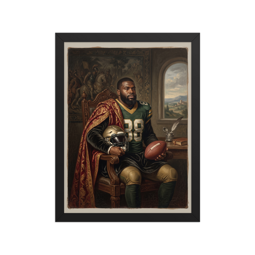 A classical Renaissance style portrait of an American football player wearing a green jersey and ornate red cloak while seated in a regal chair, ideal for a man cave or office. A Renaissance art print titled 'The Gridiron Duke'.