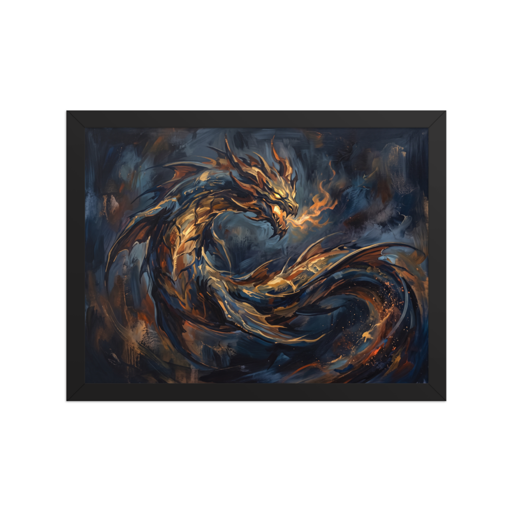 Abstract expressionism wall art exploring mythology, 'Breath of Ember'. An abstract oil painting of a golden dragon breathing fire against a dark navy background, great for a bold Game Room.