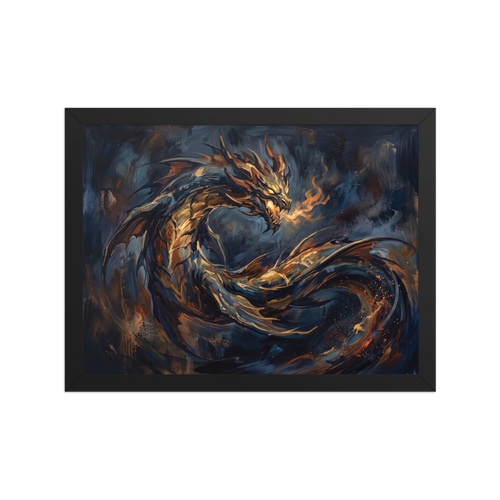 Abstract expressionism wall art exploring mythology, 'Breath of Ember'. An abstract oil painting of a golden dragon breathing fire against a dark navy background, great for a bold Game Room.