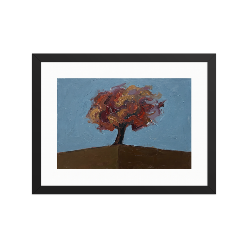 Expressionism wall art exploring nature, 'The Lone Autumn'. A thick impasto oil painting of a solitary tree with red and gold autumn leaves on a brown hill against a pale blue sky, perfect for a cozy Living Room or Bedroom.