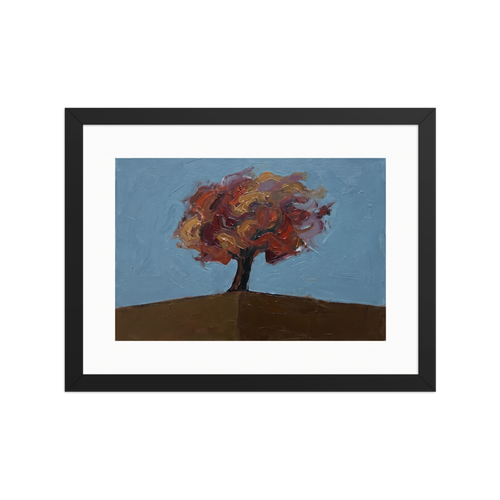 Expressionism wall art exploring nature, 'The Lone Autumn'. A thick impasto oil painting of a solitary tree with red and gold autumn leaves on a brown hill against a pale blue sky, perfect for a cozy Living Room or Bedroom.
