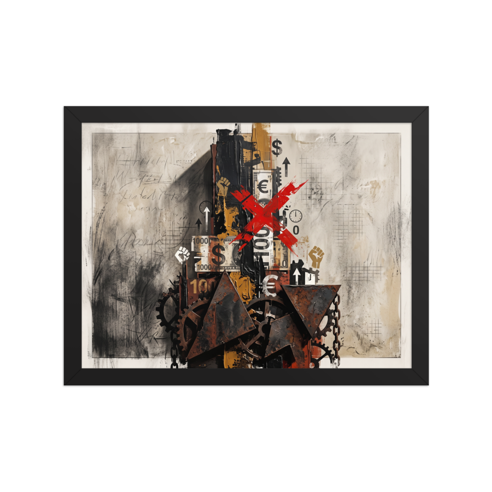 Dau-al-Set wall art exploring modern, 'The Currency of Protest'. An industrial mixed-media collage featuring rusted gears, currency fragments, raised fist symbols, and a bold red X, making a striking focal point for a modern office or studio.