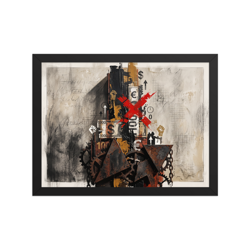 Dau-al-Set wall art exploring modern, 'The Currency of Protest'. An industrial mixed-media collage featuring rusted gears, currency fragments, raised fist symbols, and a bold red X, making a striking focal point for a modern office or studio.