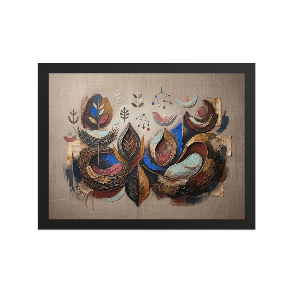 'Organic Cadence and Leaf', Abstract art wall art in saddle brown and navy. An abstract composition featuring organic leaf shapes, impasto textures, and delicate geometric elements in earthy tones, ideal for a serene dining room or living room.