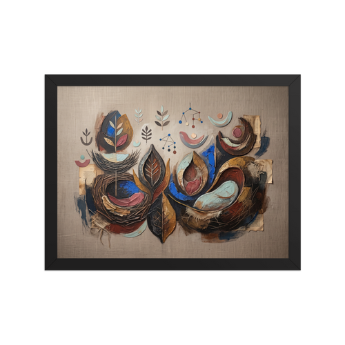 'Organic Cadence and Leaf', Abstract art wall art in saddle brown and navy. An abstract composition featuring organic leaf shapes, impasto textures, and delicate geometric elements in earthy tones, ideal for a serene dining room or living room.