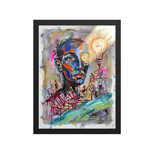 Wall art print 'Spark of Consciousness' in a Neo-expressionism style. An expressive portrait with blue and orange facial brushwork, a spiral eye, and a glowing lightbulb of inspiration, bringing visionary energy to an office or studio.