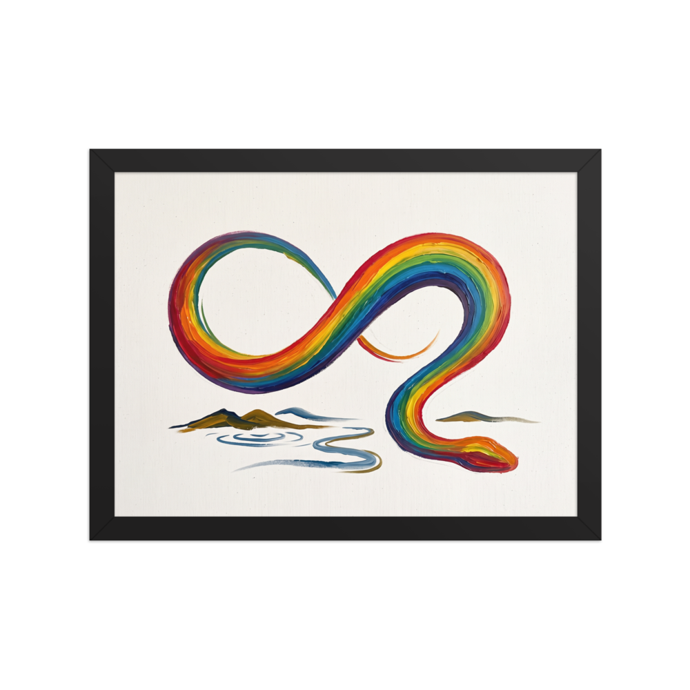 Vibrant impasto painting of a rainbow serpent forming an infinity loop above a river, ideal wall art for a living room. A Expressionism print with a impasto look, titled 'Eternal Rainbow Serpent'.