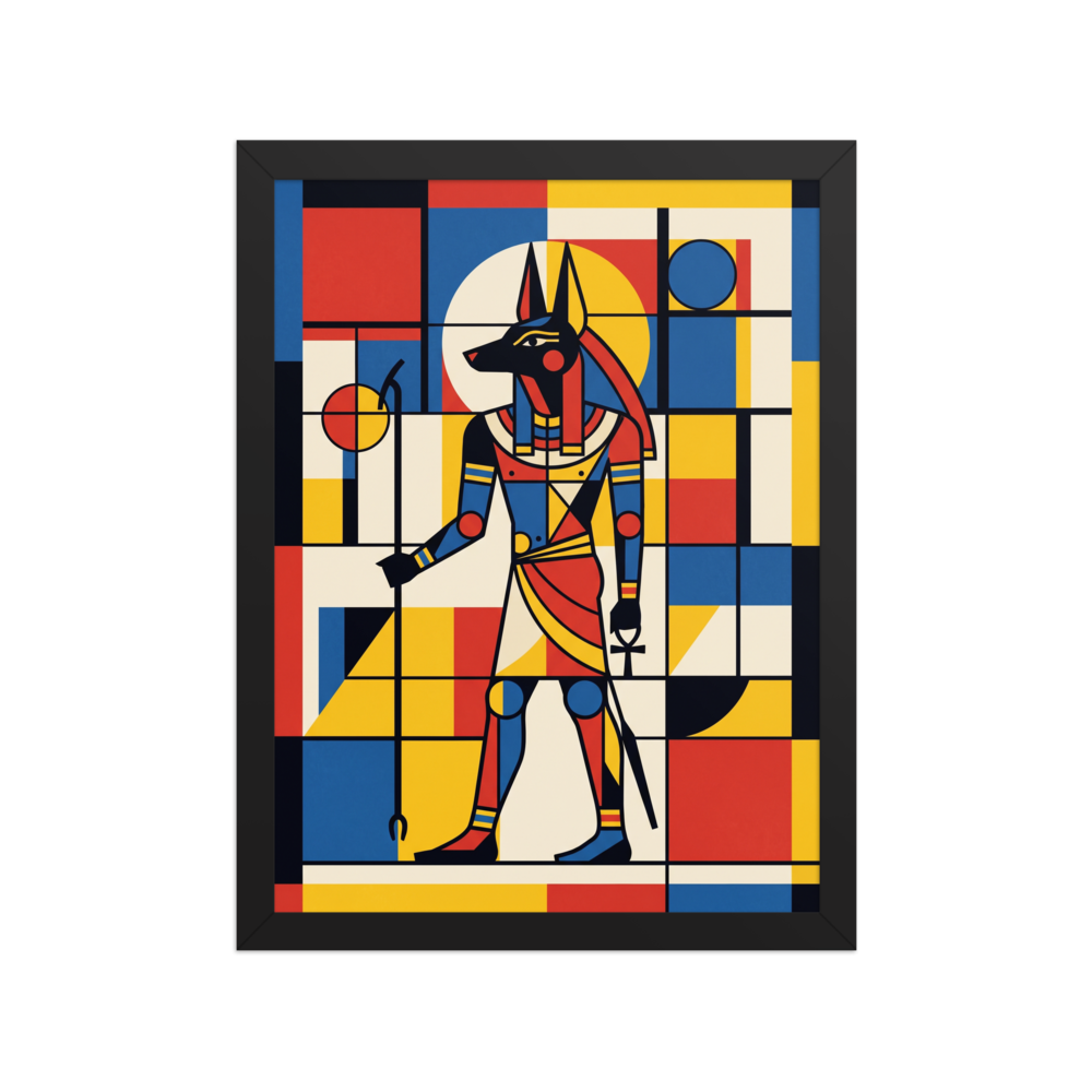 De Stijl (also known as Neoplasticism) wall art exploring mythology, 'Mondrian's Anubis'. A Mondrian-style geometric artwork of the Egyptian god Anubis in primary red, blue, and yellow colors in an Office wall decor setting.
