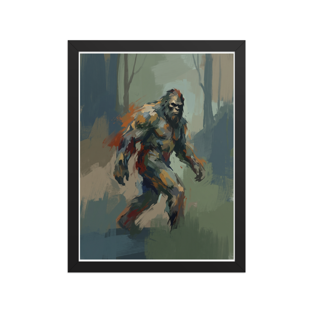 Painterly depiction of Bigfoot walking through a misty forest, ideal for a cabin wall. Shown here as the Expressionism print 'Forest Wanderer'.