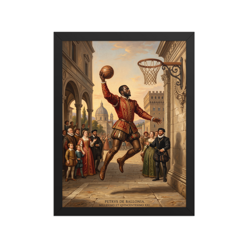 'Petrus de Ballonia', a Renaissance wall art print. An oil painting of a Renaissance athlete in crimson velvet performing a basketball slam dunk in an Italian piazza above an amazed crowd, fitting for a living room or gym.