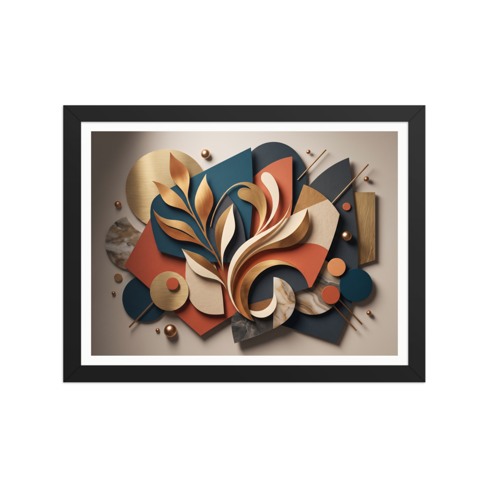 An elegant 3D paper cut collage featuring golden botanical leaves layered over geometric teal and terracotta shapes, ideal for a modern bedroom or living room. Available as the Geometric abstract art art print 'Botanical Relief in Gold and Teal'.