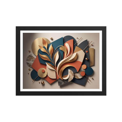 An elegant 3D paper cut collage featuring golden botanical leaves layered over geometric teal and terracotta shapes, ideal for a modern bedroom or living room. Available as the Geometric abstract art art print 'Botanical Relief in Gold and Teal'.
