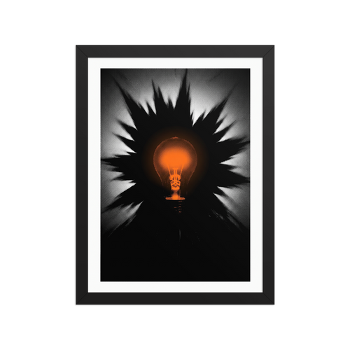 Wall art print 'Spark of Innovation' in a Pop art style. A graphic halftone print of a glowing orange lightbulb surrounded by starburst rays in a modern studio.