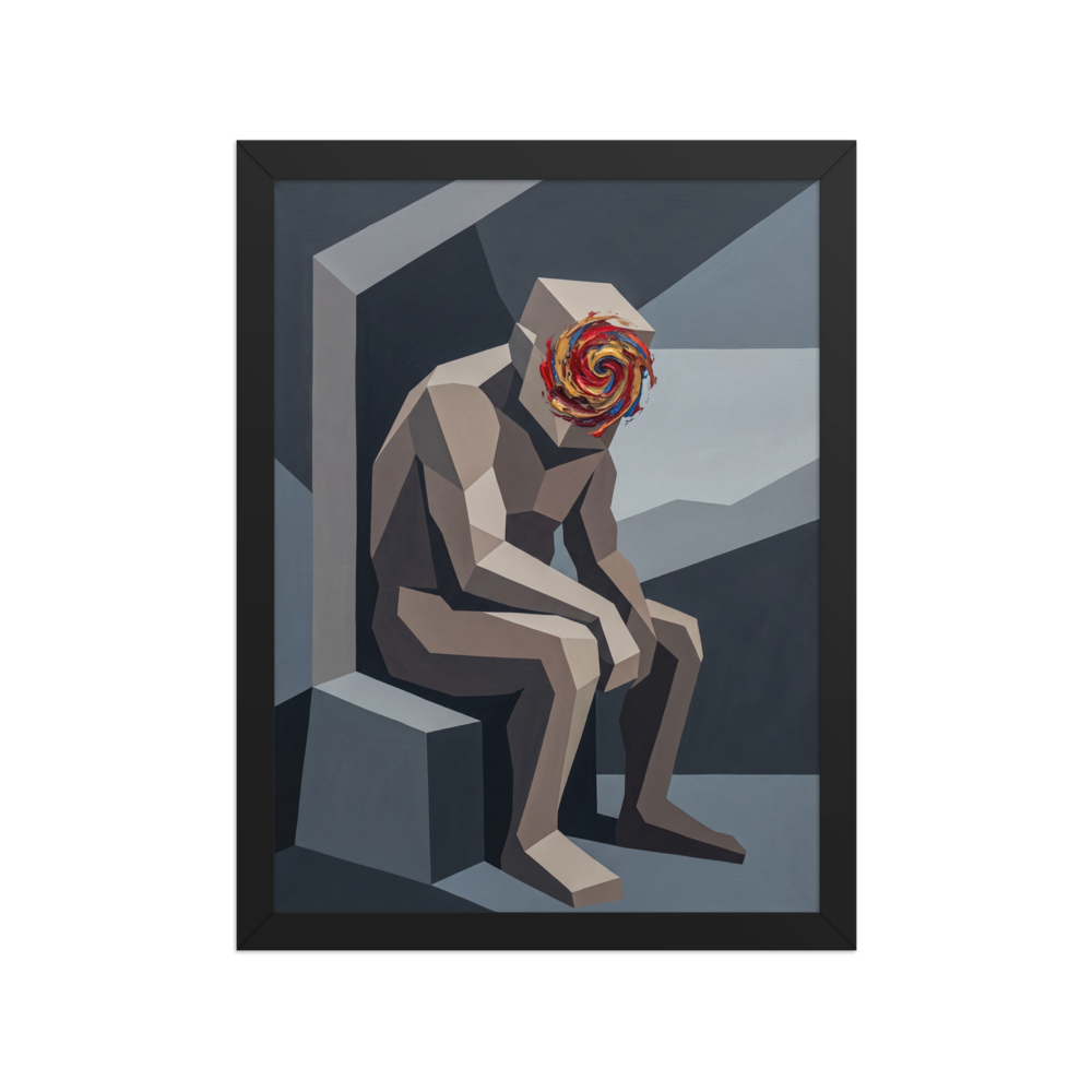 Cubism wall art exploring mythology, 'Vortex of Thought'. A cubist painting of a seated geometric figure with a swirling red and blue vortex face in a boardroom wall art layout.